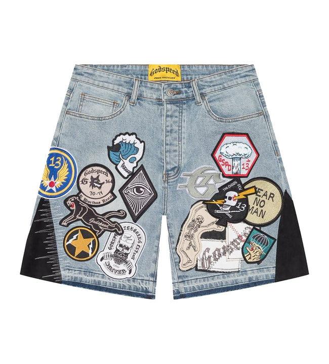Godspeed Patchwork Denim Shorts V2 Blue Hover Image