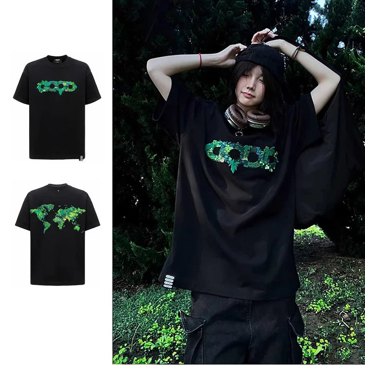 GOODBRAND 2026SS 3D Green Plant Embroidery Map Light Luxury Fashion Premium LOGO Short Sleeve T-shirt