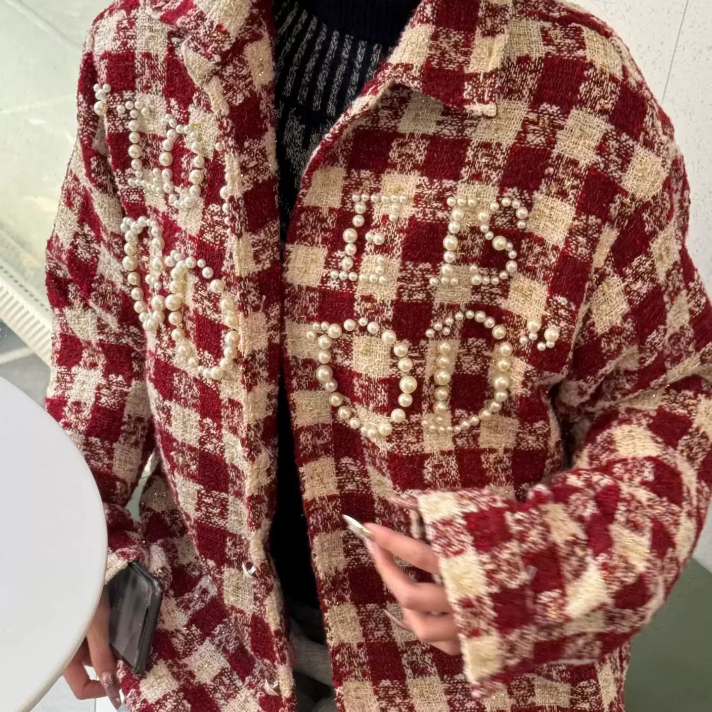 Yu Yuhan's same GOODBRAND pearl plaid small fragrant style long sleeved shirt New Year's limited edition