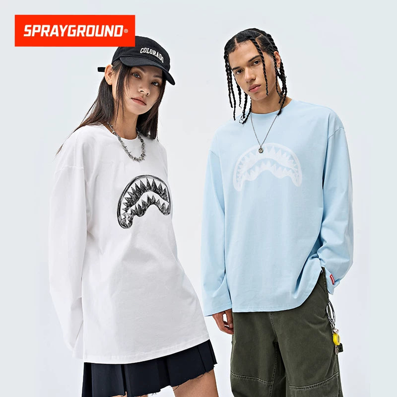 SprayGround 2026 Spring Graffiti Shark Mouth Long Sleeve T-shirt Men's and Women's Loose Versatile Top Base Shirt