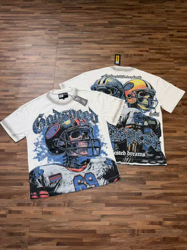 Godspeed Retro Football Helmet Graphic T-Shirt – White Streetwear Tee Hover Image
