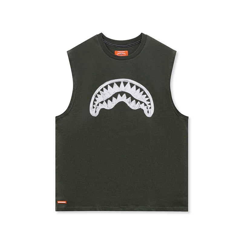 SprayGround Shark Mouth 2025 Summer Printed Tank Top for Men and Women, Made of Cotton, Trendy, Loose, Versatile, and Shoulder