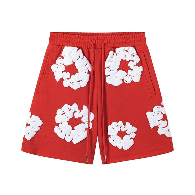 Denim Tears Cotton Wreath Graphic Shorts - Red / Relaxed Streetwear Fit Hover Image
