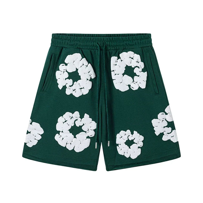 Denim Tears Cotton Wreath Graphic Shorts - Dark Green / Relaxed Streetwear Fit Hover Image