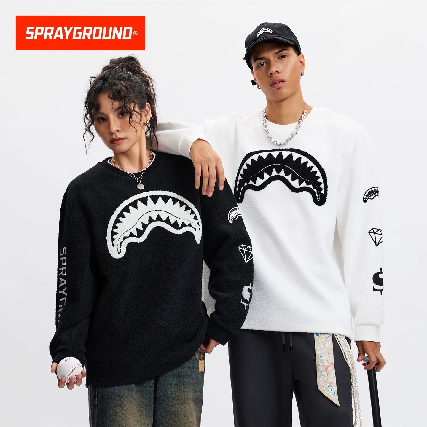 SprayGround Shark Mouth 25 Autumn/Winter Plush Hoodie Men's and Women's American Round Neck Casual Warm Couple Top