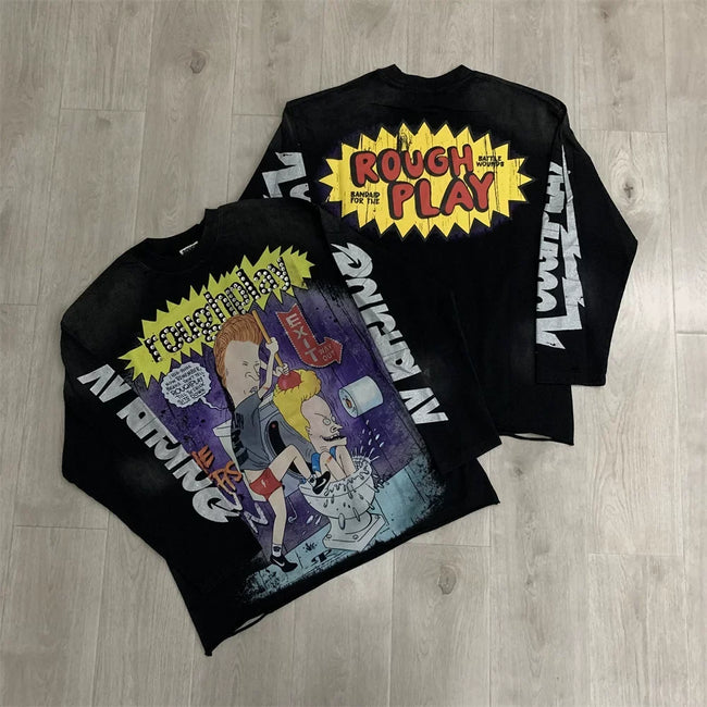 Roughplay Cartoon Comic Graphic Heavyweight Long-Sleeve Tee - Black Hover Image