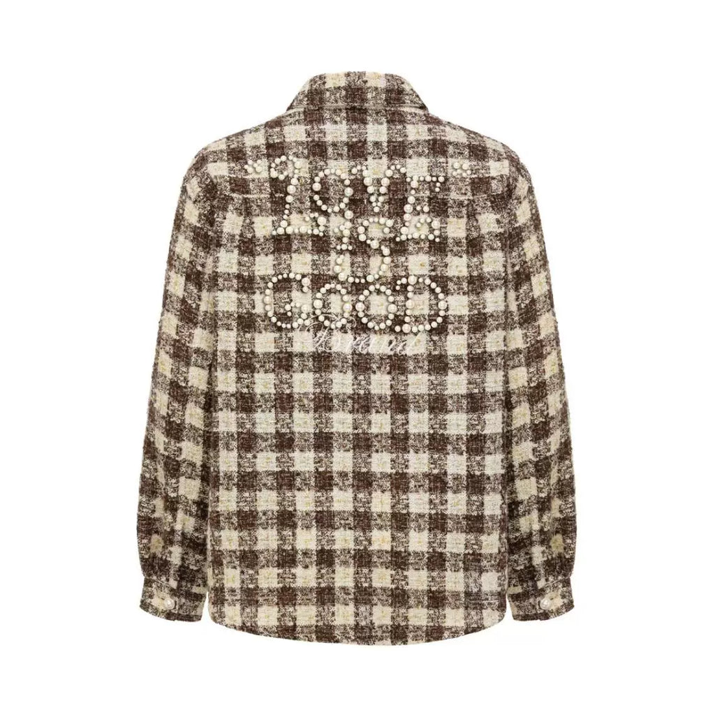 Yu Yuhan's same GOODBRAND pearl plaid small fragrant style long sleeved shirt New Year's limited edition