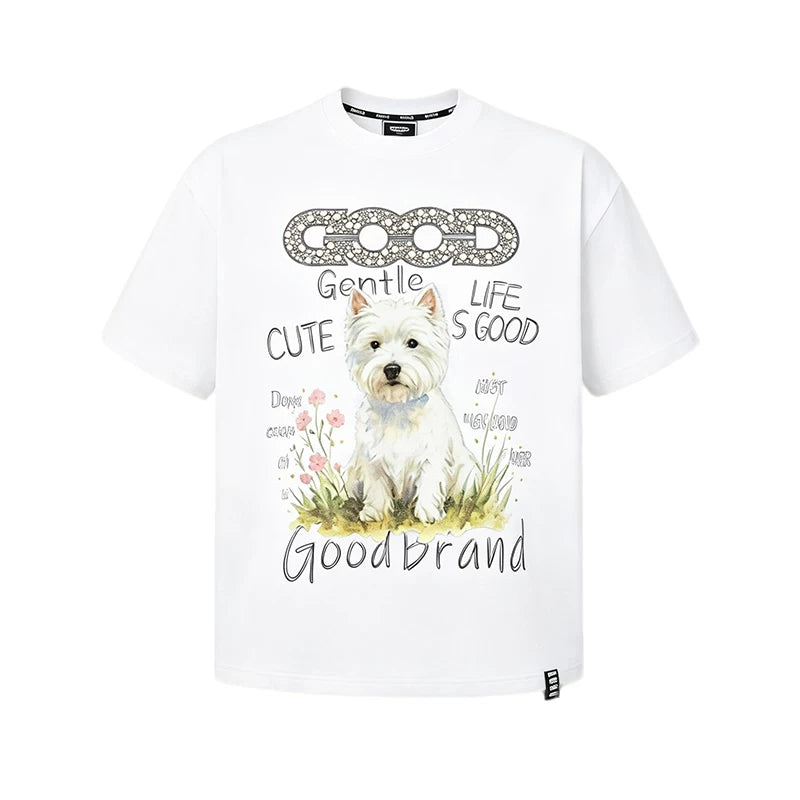 GOODBRAND's new floral and puppy glitter powder hot stamping light luxury high-end short sleeved T-shirt for both men and women, trendy