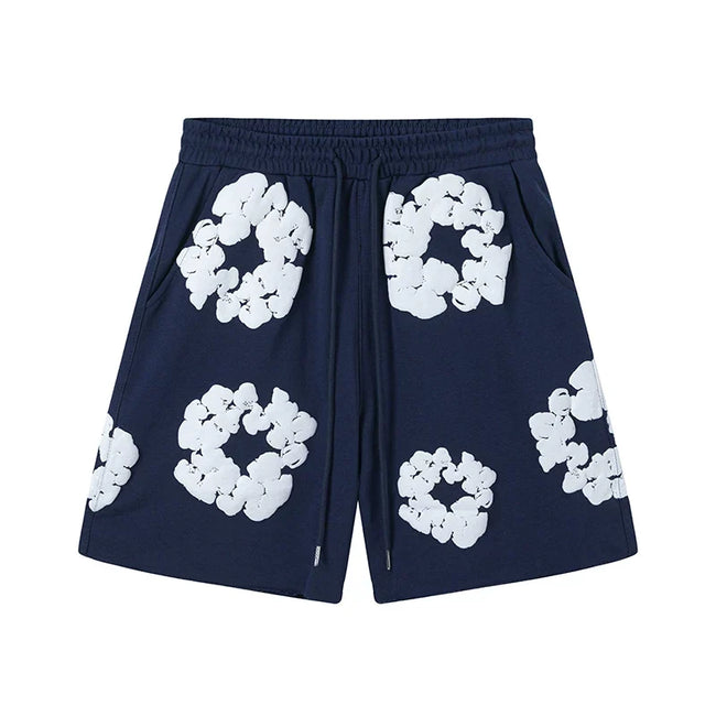 Denim Tears Cotton Wreath Graphic Shorts - Navy Blue / Relaxed Streetwear Fit Hover Image