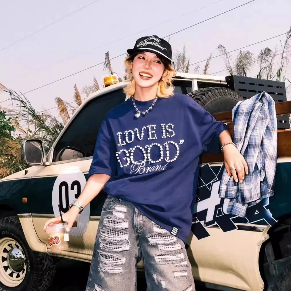Pearl welcomes good luck GOODBRAND light luxury LOVE IS GOOD pearl slogan short sleeved T-shirt for couples