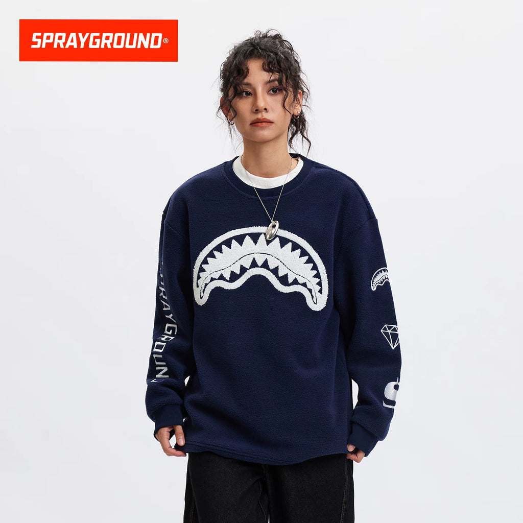 SprayGround Shark Mouth 25 Autumn/Winter Plush Hoodie Men's and Women's American Round Neck Casual Warm Couple Top