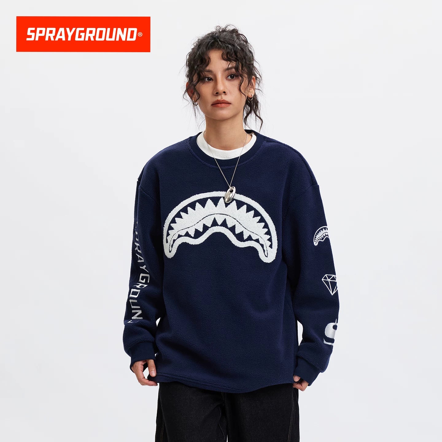 SprayGround Shark Mouth 25 Autumn/Winter Plush Hoodie Men's and Women's American Round Neck Casual Warm Couple Top