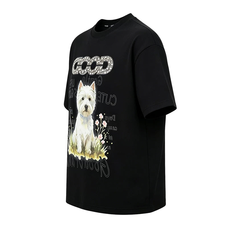 GOODBRAND's new floral and puppy glitter powder hot stamping light luxury high-end short sleeved T-shirt for both men and women, trendy