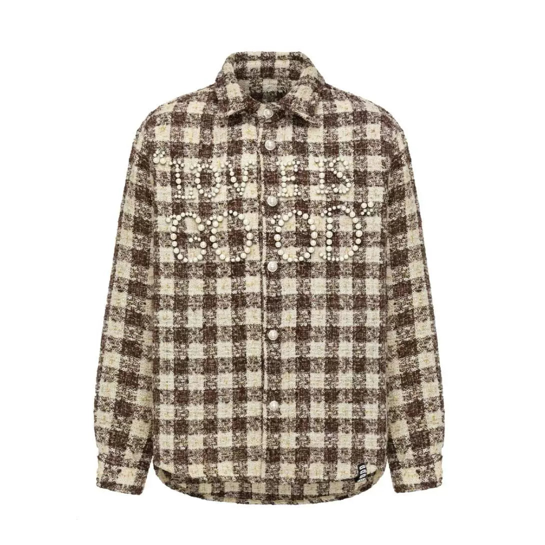 Yu Yuhan's same GOODBRAND pearl plaid small fragrant style long sleeved shirt New Year's limited edition