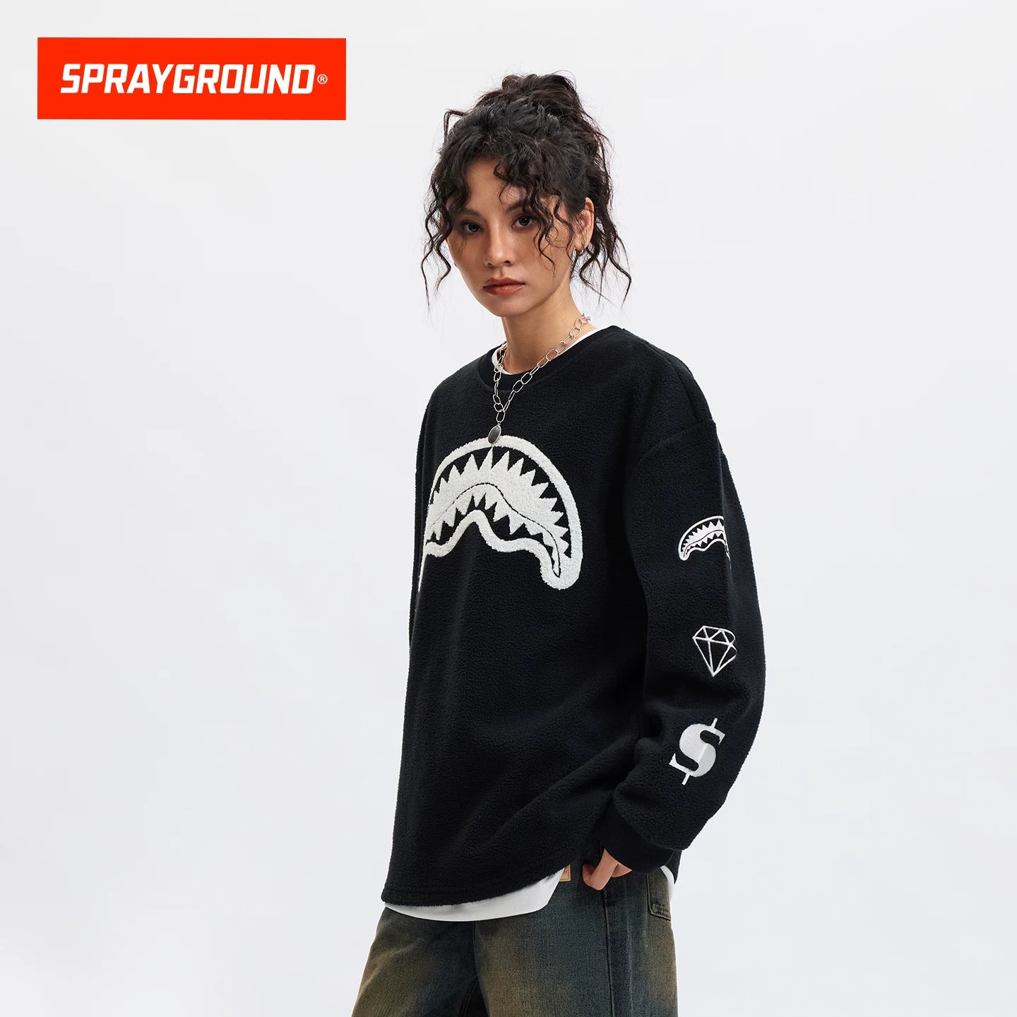 SprayGround Shark Mouth 25 Autumn/Winter Plush Hoodie Men's and Women's American Round Neck Casual Warm Couple Top