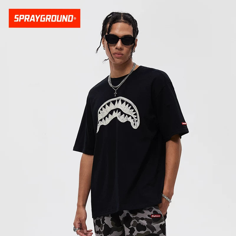 SprayGround Shark Mouth 2026 Graffiti Printed Short sleeved Men's and Women's Loose T-shirt Top Summer