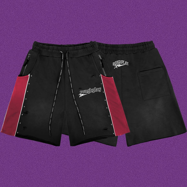 Roughplay Straight Logo Track Shorts - Black/Red Hover Image