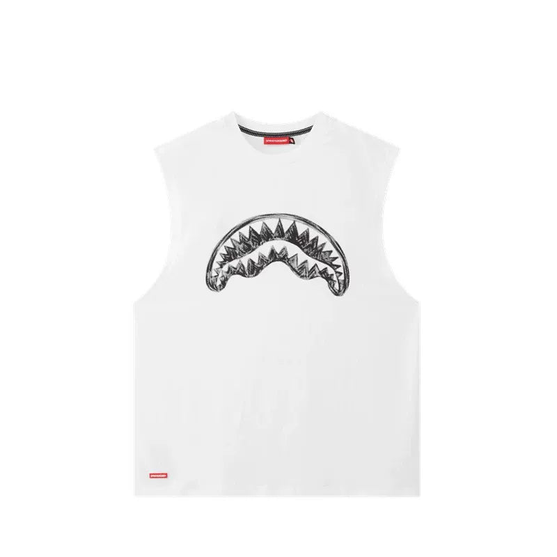 SprayGround Shark Mouth 2025 Summer Printed Tank Top for Men and Women, Made of Cotton, Trendy, Loose, Versatile, and Shoulder