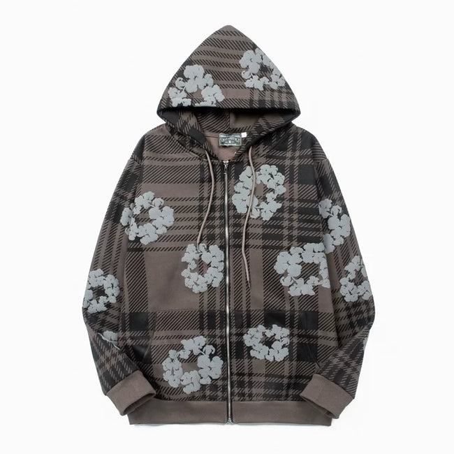 "Denim Tears" Plaid Pattern Full-Zip Oversized Hoodie (Brown) Hover Image