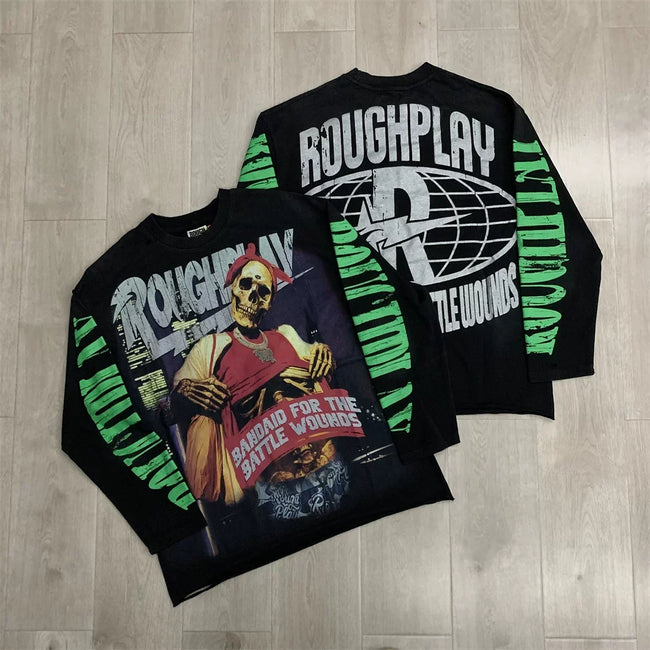 Roughplay Punk Skull Graphic Heavyweight Long-Sleeve Tee - Black/Neon Green Hover Image