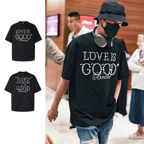 Pearl welcomes good luck GOODBRAND light luxury LOVE IS GOOD pearl slogan short sleeved T-shirt for couples