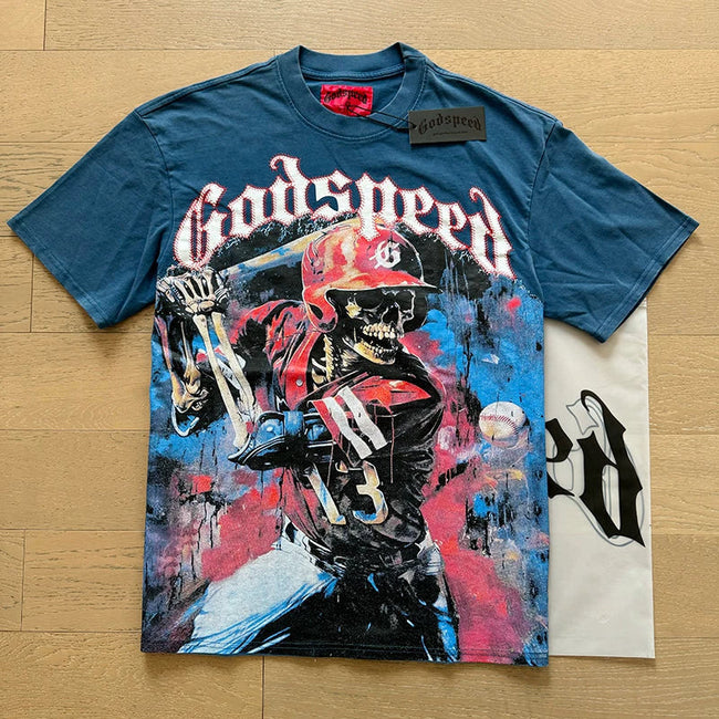 Godspeed Baseball Skeleton Batter Graphic Tee Cotton Acid Washed Shirt Hover Image