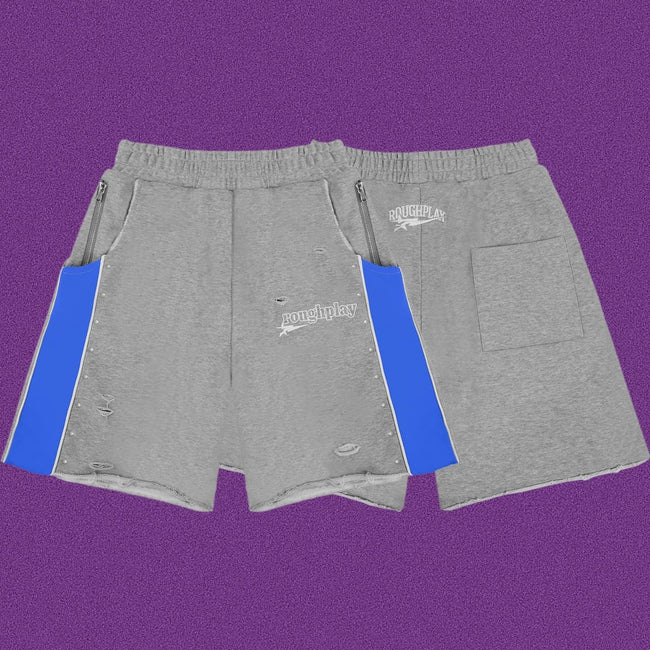 Roughplay Straight Logo Track Shorts - Light Grey/Royal Blue Hover Image