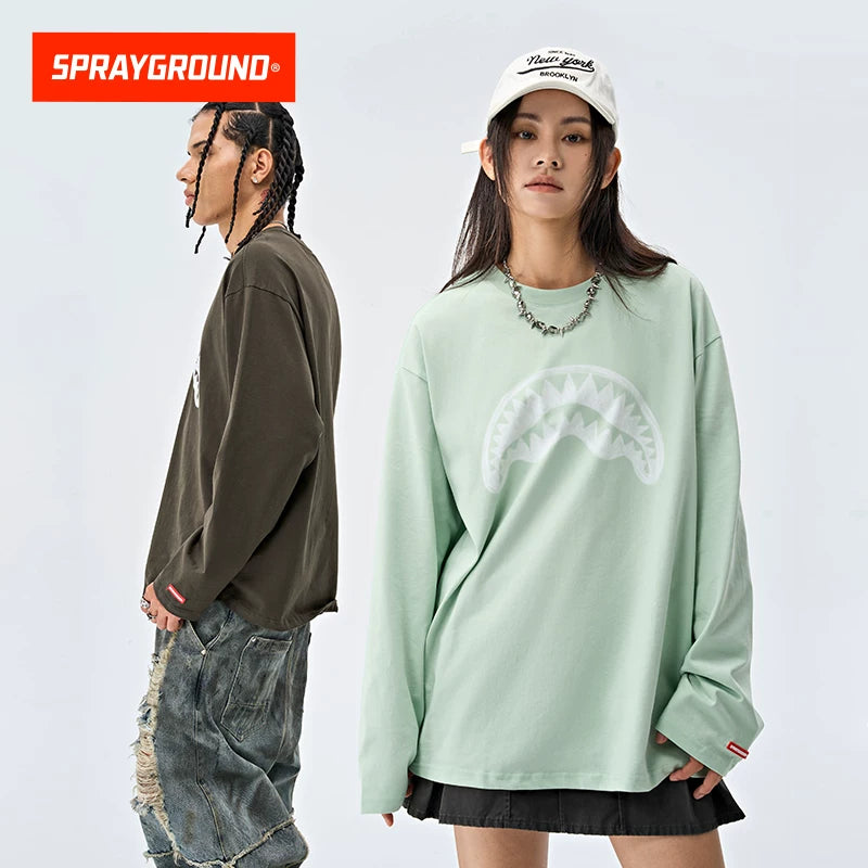 SprayGround 2026 Spring Graffiti Shark Mouth Long Sleeve T-shirt Men's and Women's Loose Versatile Top Base Shirt