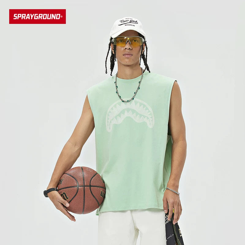 SprayGround Shark Mouth 2025 Summer Printed Tank Top for Men and Women, Made of Cotton, Trendy, Loose, Versatile, and Shoulder