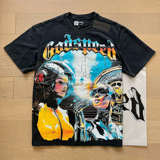 Godspeed Cyborg Robot Skull Graphic Tee Cotton Acid Washed Shirt Hover Image