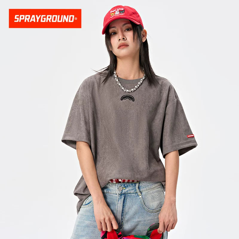 SprayGround Shark Mouth Casual Men's and Women's T-shirts American Trendy Suede Loose T-shirt Short Sleeve Top Summer