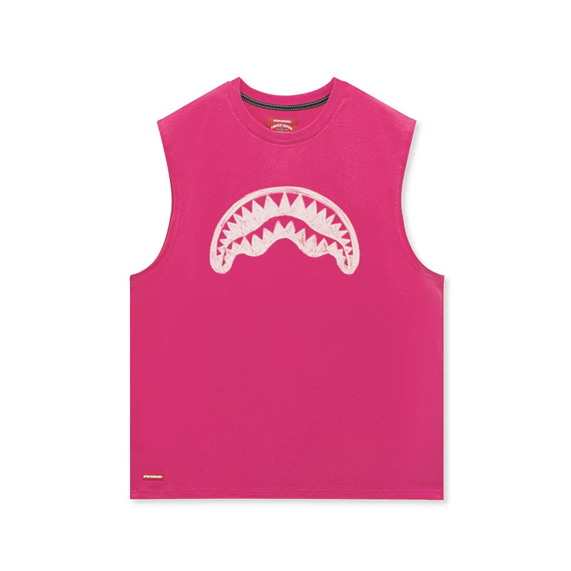 SprayGround Shark Mouth 2025 Summer Printed Tank Top for Men and Women, Made of Cotton, Trendy, Loose, Versatile, and Shoulder