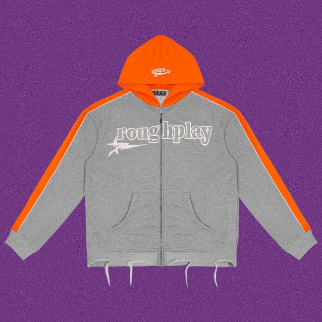 Roughplay Straight Logo Track Zip-Up Hoodie - Light Grey/Orange Hover Image