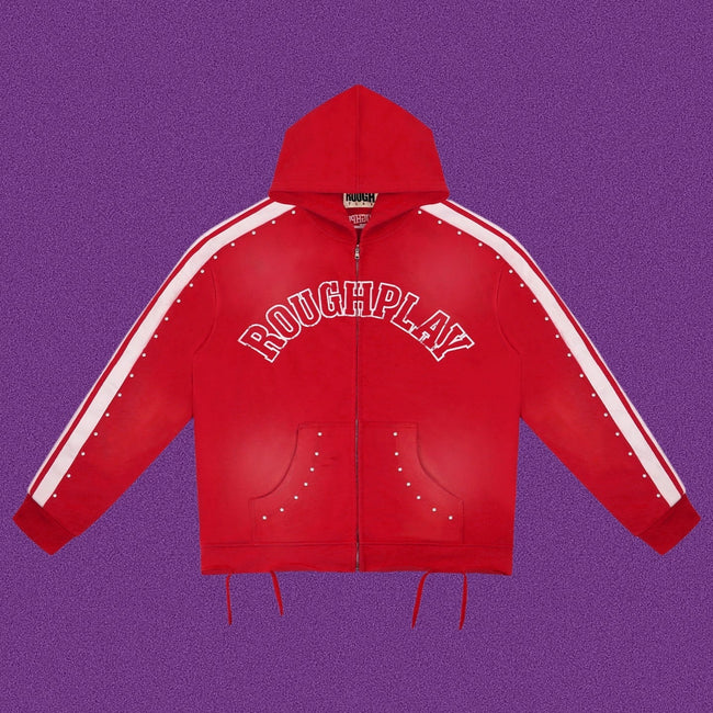 Roughplay Arch Logo Track Zip-Up Hoodie - Red Hover Image