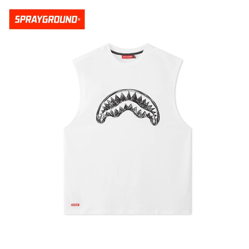 SprayGround Shark Mouth 2025 Summer Printed Tank Top for Men and Women, Made of Cotton, Trendy, Loose, Versatile, and Shoulder