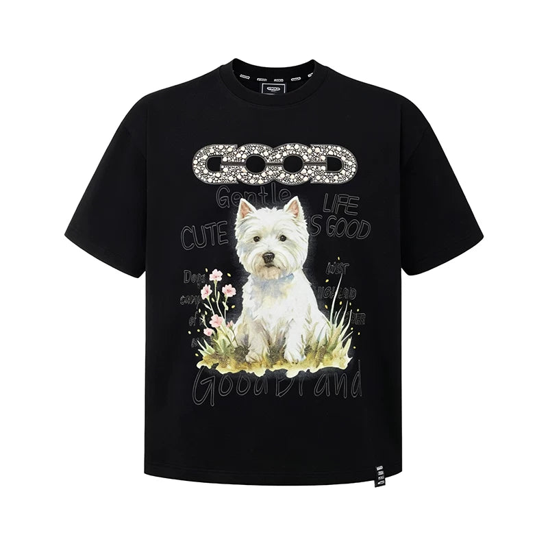 GOODBRAND's new floral and puppy glitter powder hot stamping light luxury high-end short sleeved T-shirt for both men and women, trendy
