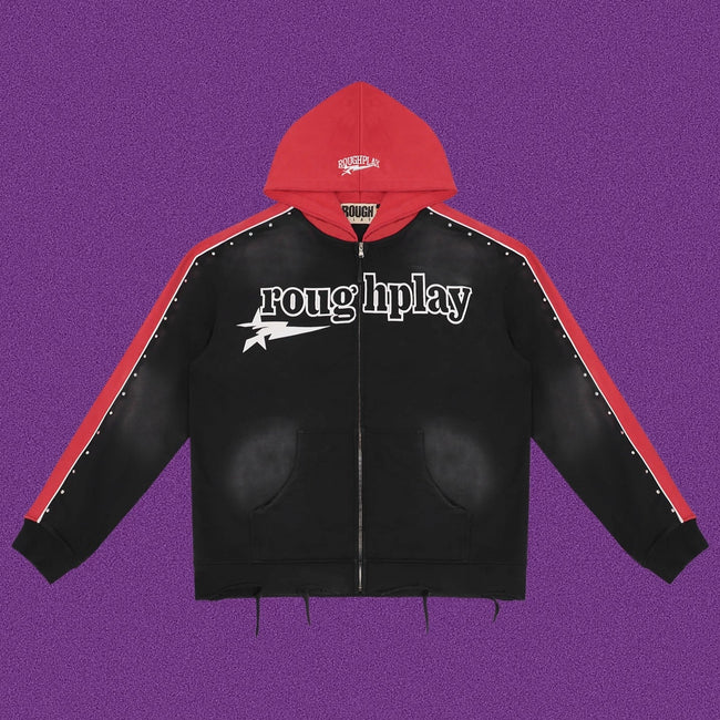 Roughplay Straight Logo Track Zip-Up Hoodie - Black/Red Hover Image