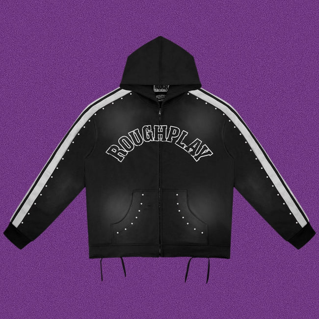 Roughplay Arch Logo Track Zip-Up Hoodie - Black Hover Image
