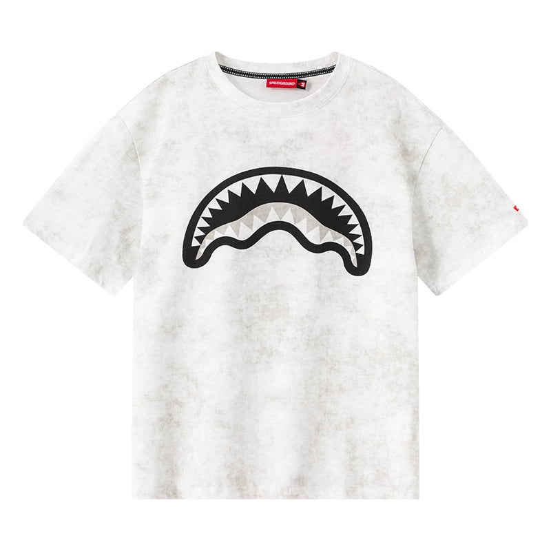 SPRAYGROUP Shark Mouth xRUNto Co branded Washed Used Top with Bear Print Fun Short Sleeve T-shirt