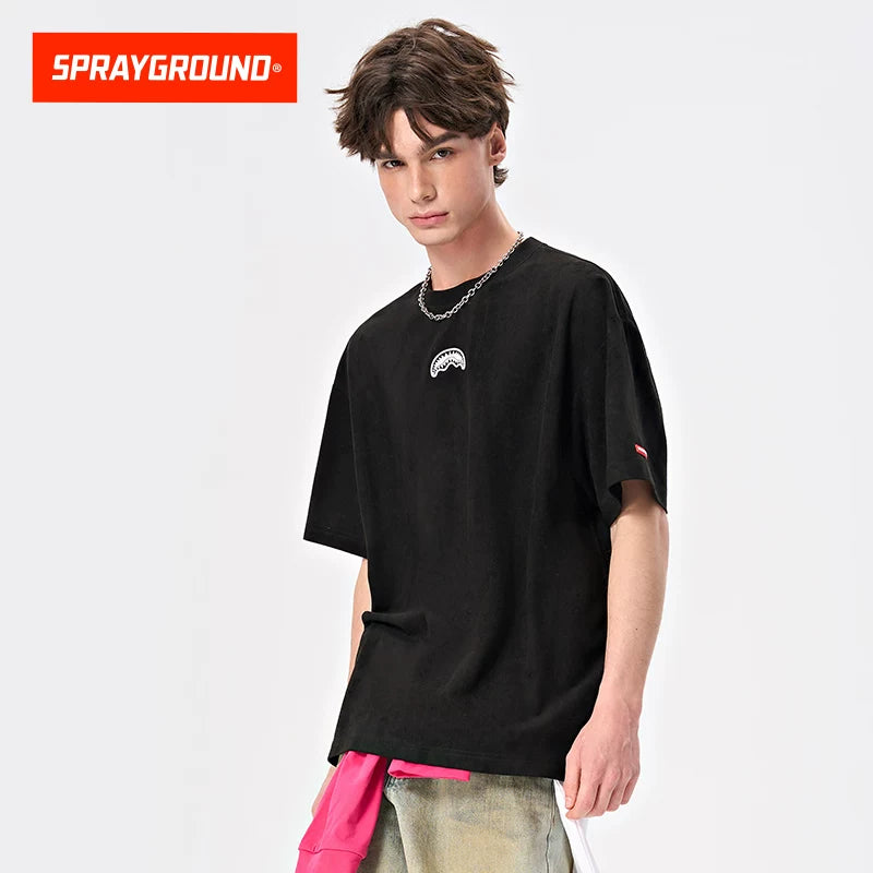 SprayGround Shark Mouth Casual Men's and Women's T-shirts American Trendy Suede Loose T-shirt Short Sleeve Top Summer