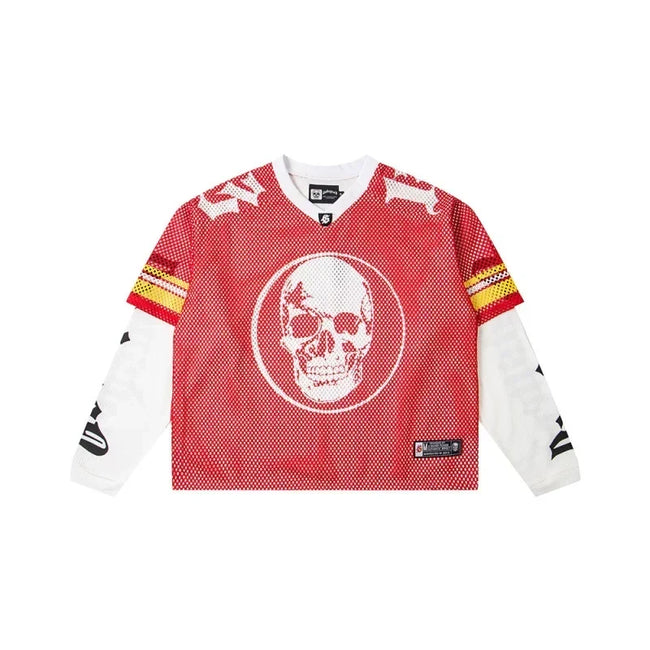 "Godspeed" Layered Mesh Skull Long Sleeve Jersey (Red/White/Yellow) Hover Image
