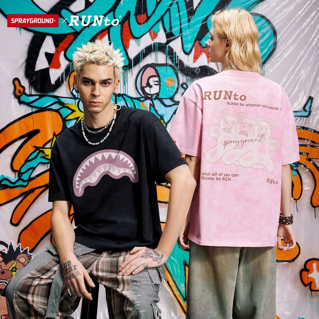 SPRAYGROUP Shark Mouth xRUNto Co branded Washed Used Top with Bear Print Fun Short Sleeve T-shirt