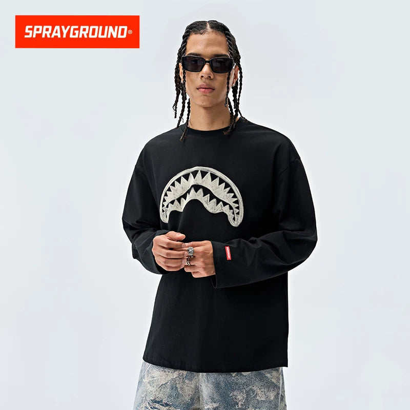 SprayGround 2026 Spring Graffiti Shark Mouth Long Sleeve T-shirt Men's and Women's Loose Versatile Top Base Shirt