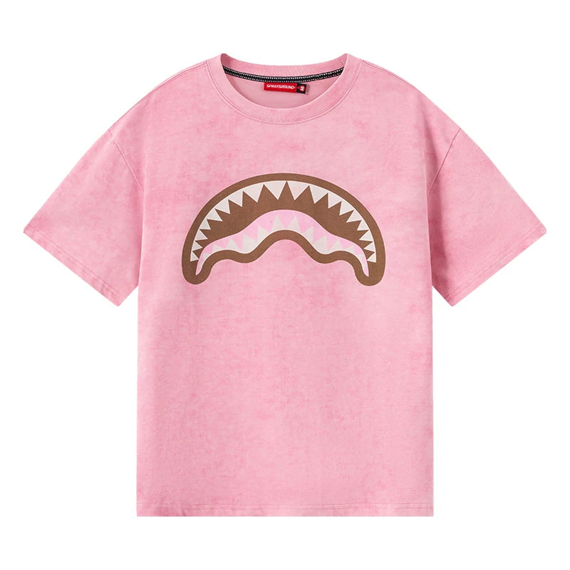 SPRAYGROUP Shark Mouth xRUNto Co branded Washed Used Top with Bear Print Fun Short Sleeve T-shirt