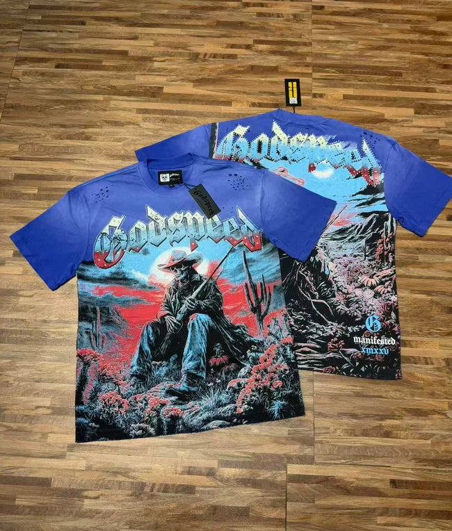 Godspeed Vintage Warrior Graphic T-Shirt – Blue Streetwear Tee Hover Image