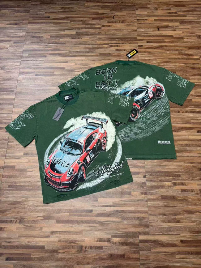 Godspeed Vintage Racing Car Graphic T-Shirt – Forest Green Hover Image