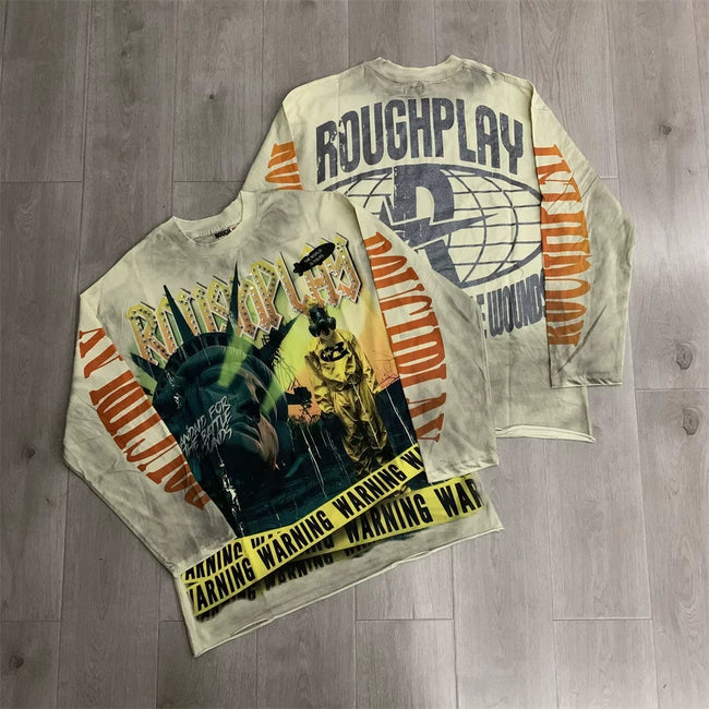 Roughplay Statue of Liberty & Warning Tape Graphic Heavyweight Long-Sleeve Tee - Vintage Sand Hover Image