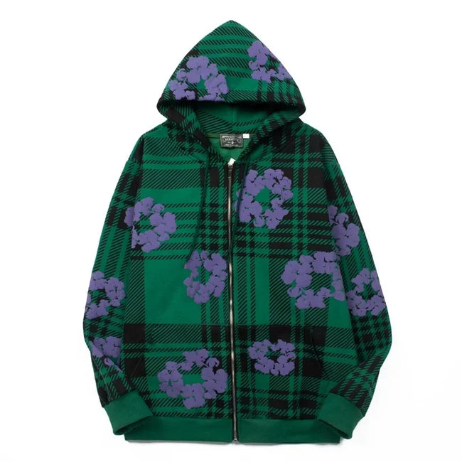 "Denim Tears" Plaid Pattern Full-Zip Oversized Hoodie (Green/Purple) Hover Image