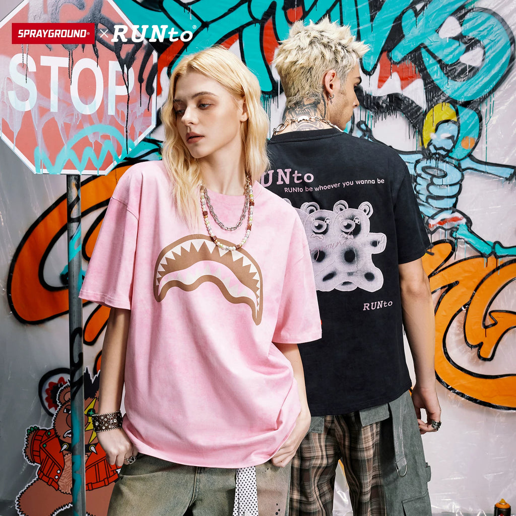 SPRAYGROUP Shark Mouth xRUNto Co branded Washed Used Top with Bear Print Fun Short Sleeve T-shirt