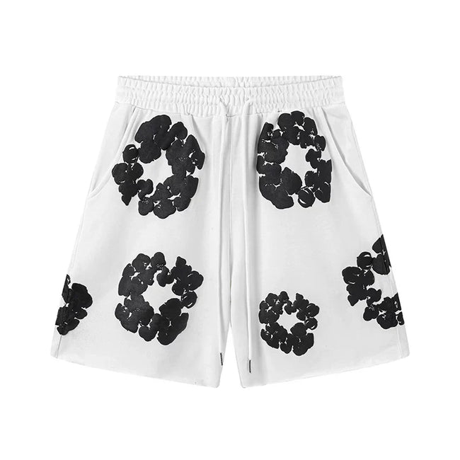 Denim Tears Cotton Wreath Graphic Shorts - White/Black / Relaxed Streetwear Fit Hover Image